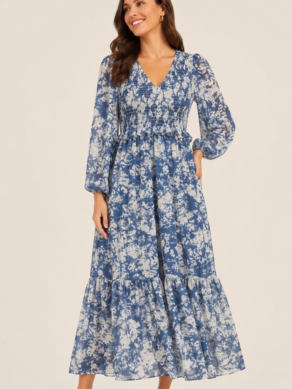 Moodie Blue & White Smocked Midi Maxi Dress - XS